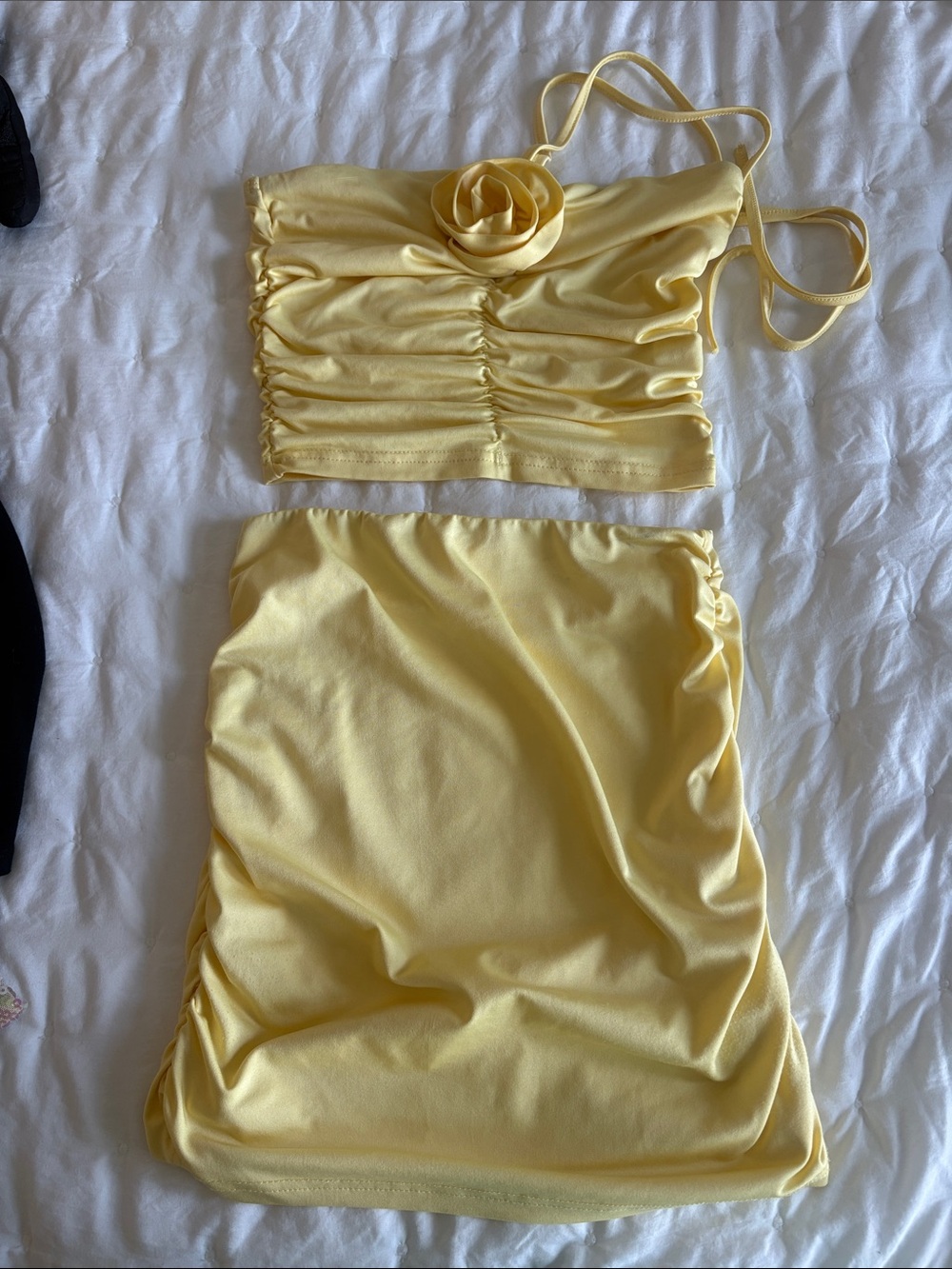 Yellow Two-Piece Ruched Crop Top & Skirt Set